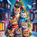 Colorful Scarf-Wearing Cats Pyramid by Christmas Tree