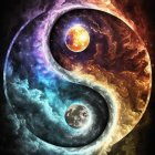 Yin Yang symbol with nature's seasons and elements depicted.