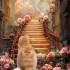 Large cat face merged with stairway and purple flowers, smaller cat below