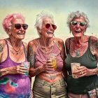 Three stylish elderly women in sunglasses pose with drinks in desert.