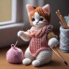 Handmade knitted cat toy in pink sweater and hat with knitting needle and yarn.