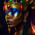 Vibrant ornate mask with blue eye makeup in green, blue, yellow, and red