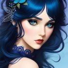 Illustrated portrait of woman with blue hair, feathers, and butterflies