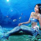 Mermaid with Blue Tail Surrounded by Fish and Glowing Underwater Light