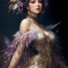 Ethereal woman in golden attire with butterflies and starry backdrop