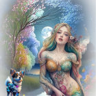 Girl with flowing hair holding a dog in magical landscape with moon and colorful flora