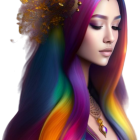 Fantasy digital artwork: Woman with rainbow hair and golden armor