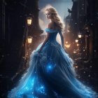 Woman in Blue Gown Walking on Dimly Lit Street at Night