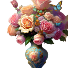 Colorful Floral Arrangement with Pink, Yellow Roses, Purple Flowers, and Blue Butterfly