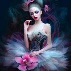 Colorful Tutu and Bodice Woman with Dramatic Makeup and Flowers in Hair on Dark Background