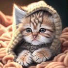 Brown Tabby Kitten with Blue Eyes on Beige Blanket