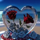 Heart-shaped frame with red roses and blue flowers on beach with moon