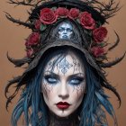 Artistic Blue Toned Makeup with Floral Hat on Tan Background