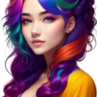 Vibrant woman illustration with multicolored hair and purple makeup