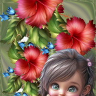 Whimsical child among vibrant flowers in digital art