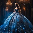 Woman in blue ball gown in dimly lit room with chandeliers and red flowers