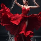 Dynamic Woman in Red Liquid Dress Posing Gracefully