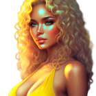 Fantasy woman portrait with golden hair, blue eyes, yellow dress