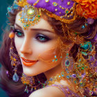 Fiery-haired woman in ornate headdress, pearls, and striking makeup symbolizes mystique and