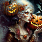 Illustrated Halloween-themed woman with pale skin and white hair holding pumpkins and surrounded by bats and birds