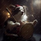 Festive dog with Santa hat and drum in Christmas scene