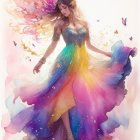 Colorful illustration of a woman in cosmic dress with butterflies and flowers.