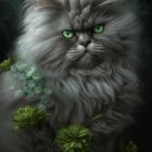 Detailed illustration of a mystical grey long-haired cat in ornate emerald-green attire