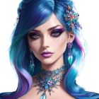 Fantasy character portrait with wavy blue hair and dark rose adornments