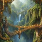 Mystical fantasy forest with stone bridge and waterfalls