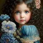 Young girl with curly hair holding blue flowers in digital artwork