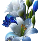 Colorful Bouquet of White Lilies, Blue Blooms, and Purple Accents on Black Background