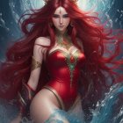 Mystical female figure with red hair and crown in water swirl wearing red and gold outfit