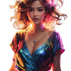 Vibrant woman with flowing hair in colorful dress on dark background