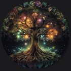 Spherical artwork featuring majestic tree, forest, and glowing orbs