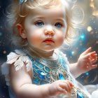 Illustrated baby girl portrait with blue eyes, tiara, wand, fluffy dress, starry background