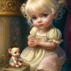 Realistic painting of young girl with blonde hair holding orange kitten