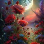 Digital Art: Red Roses Blooming Under Night Sky