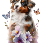 Tricolored dog portrait with wavy fur, floral necklace, butterflies on black.