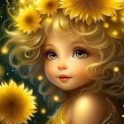 Whimsical illustration of a girl with golden flowers and sparkling lights