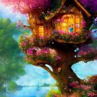 Whimsical painting of tree with door and window near serene lake