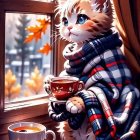 Orange and White Cat in Blue Striped Blanket by Window with Snowy Scene and Falling Leaves