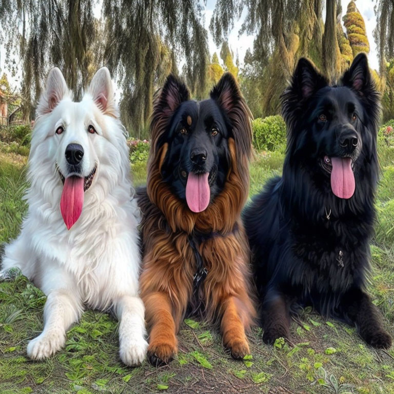 Three dogs sitting on grass: white, brown, and black, panting with tongues out