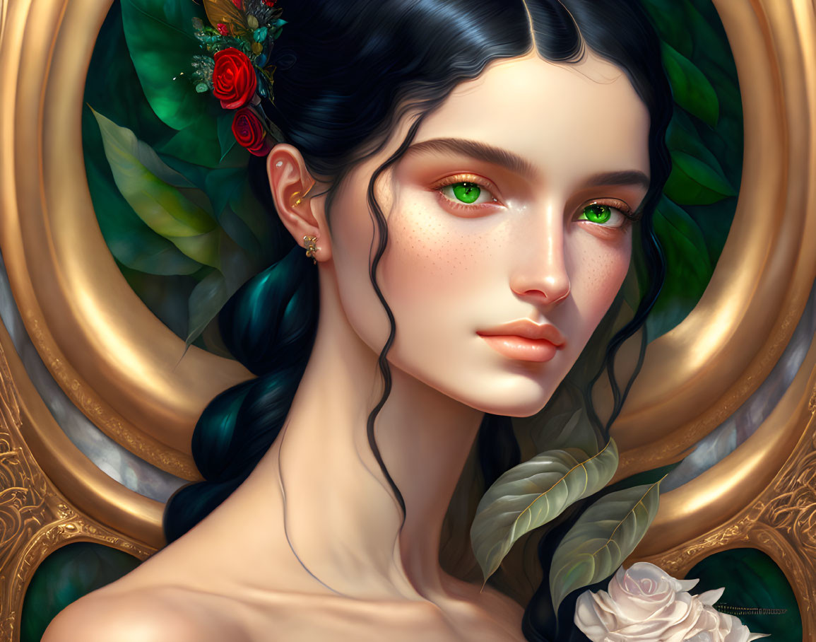 Digital portrait of woman with green eyes and floral hair decorations, featuring a leaf motif.