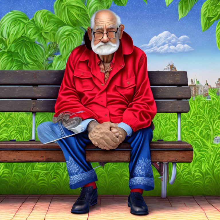 Elderly man with white beard on park bench with red shirt and blue pants