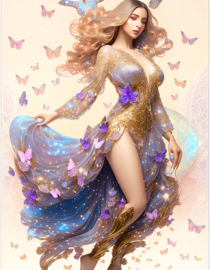 Woman with flowing hair and butterfly-adorned gown on pastel background