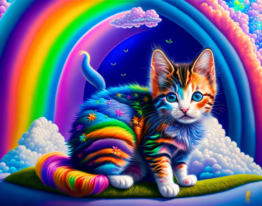 Colorful Psychedelic Kitten with Blue Eyes in Rainbow Landscape