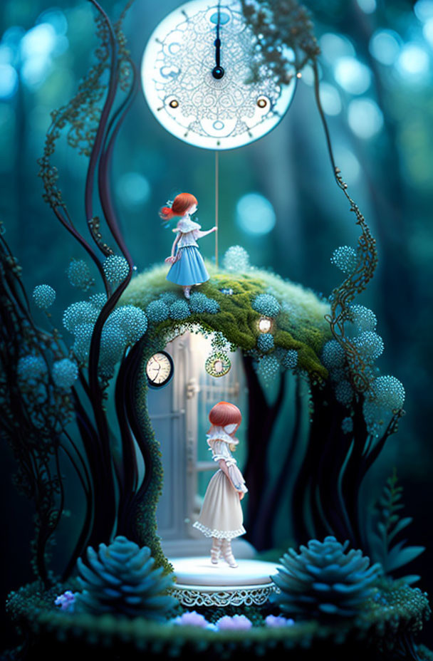 Miniature figurines on moss-covered platform in enchanted forest with whimsical door and ornate clock.