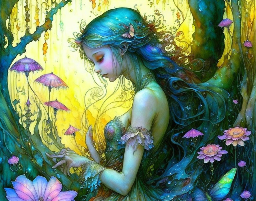 Blue-haired female figure in fantastical forest with glowing mushrooms and flowers