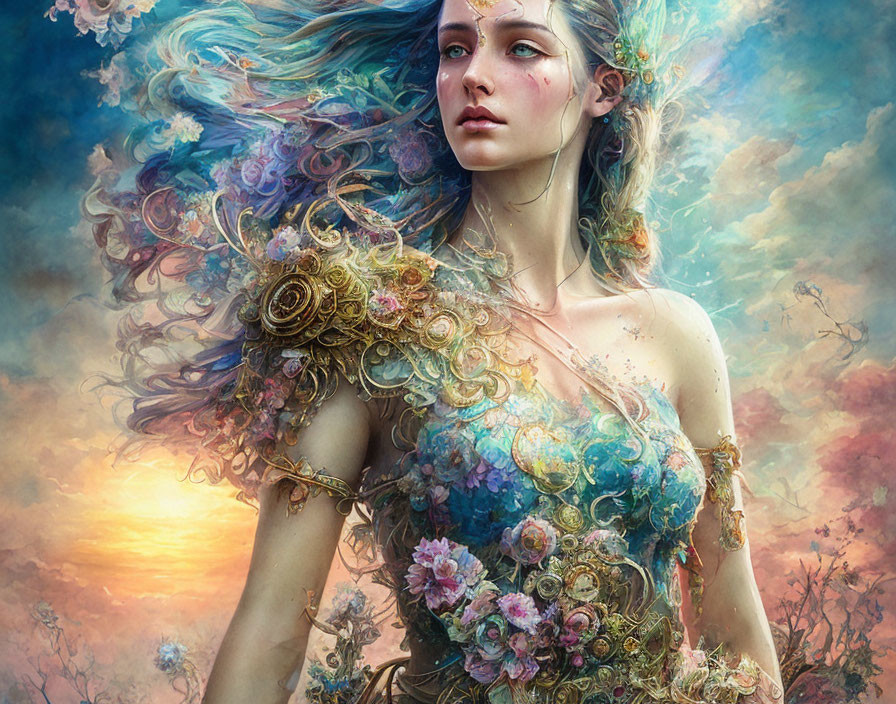 Fantastical female figure with blue hair and floral armor in dreamy sky.