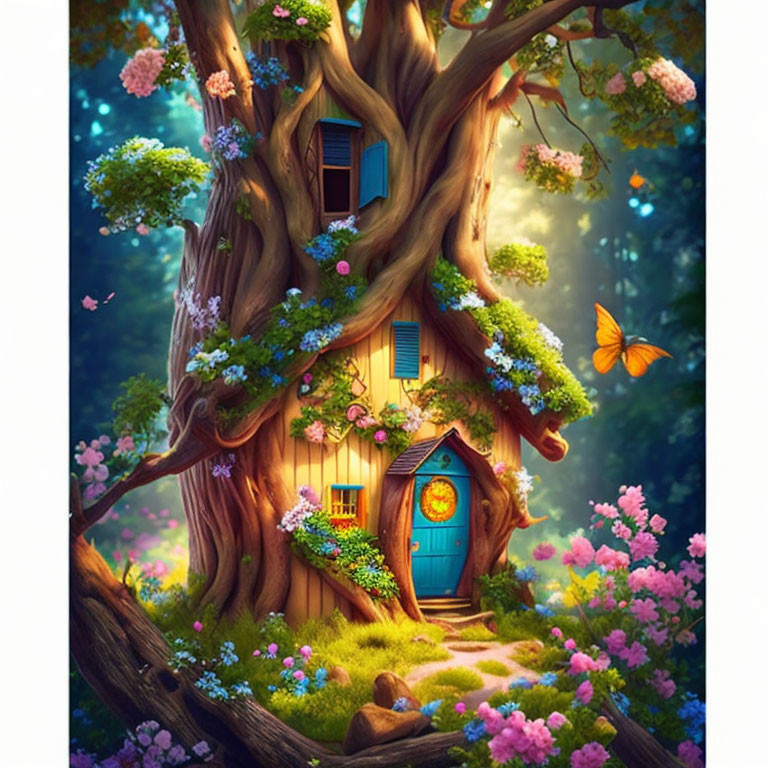 Enchanting treehouse in lush, flowering forest with butterfly